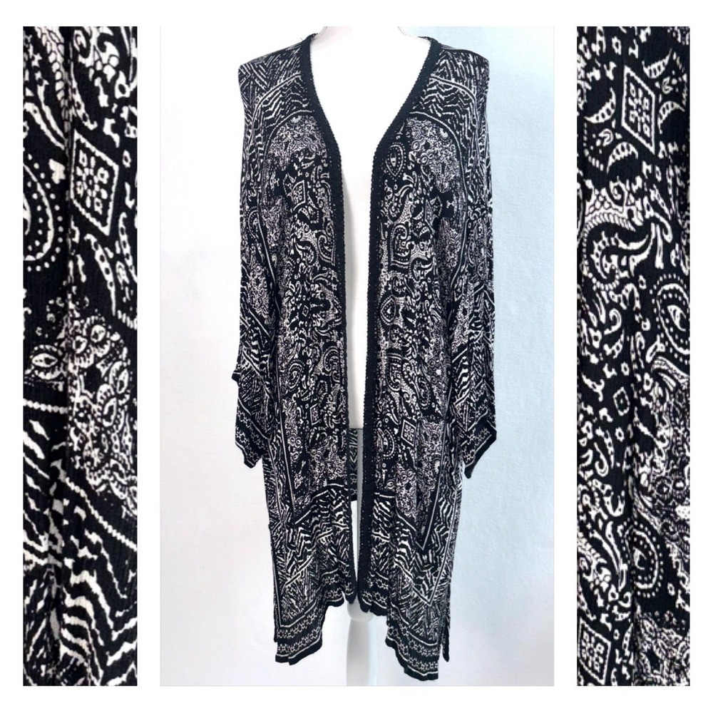 Bila Kimono Black and White Bohemian Open Long Cardigan Kimono Shawl Size XL/XXL